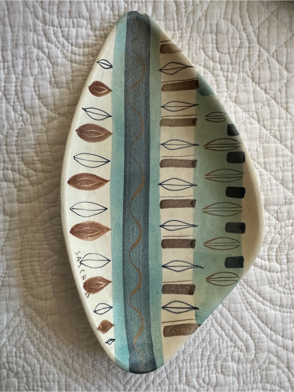 SASCHA B Hand-Painted Ceramic Decorative Tray in Aqua, Teal & Brown